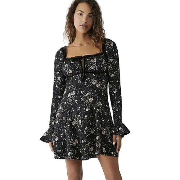 Free People Black Floral Mini Dress Tess Long Sleeve XS NWT - Picture 1 of 9
